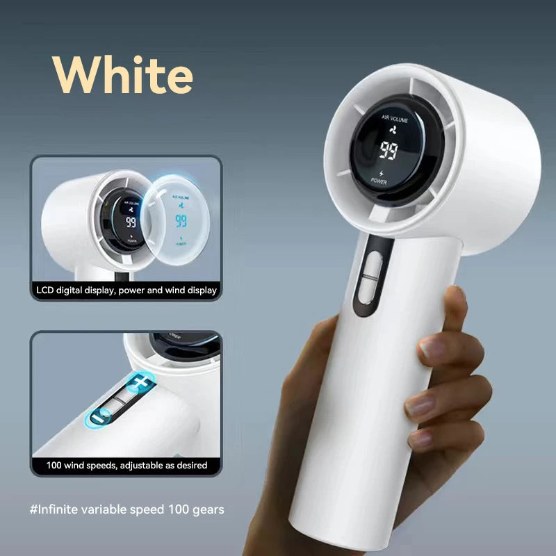 100-Speed Turbo Handheld Fan – Ultra Quiet, USB Rechargeable, Portable Mini Fan with LED Indicator