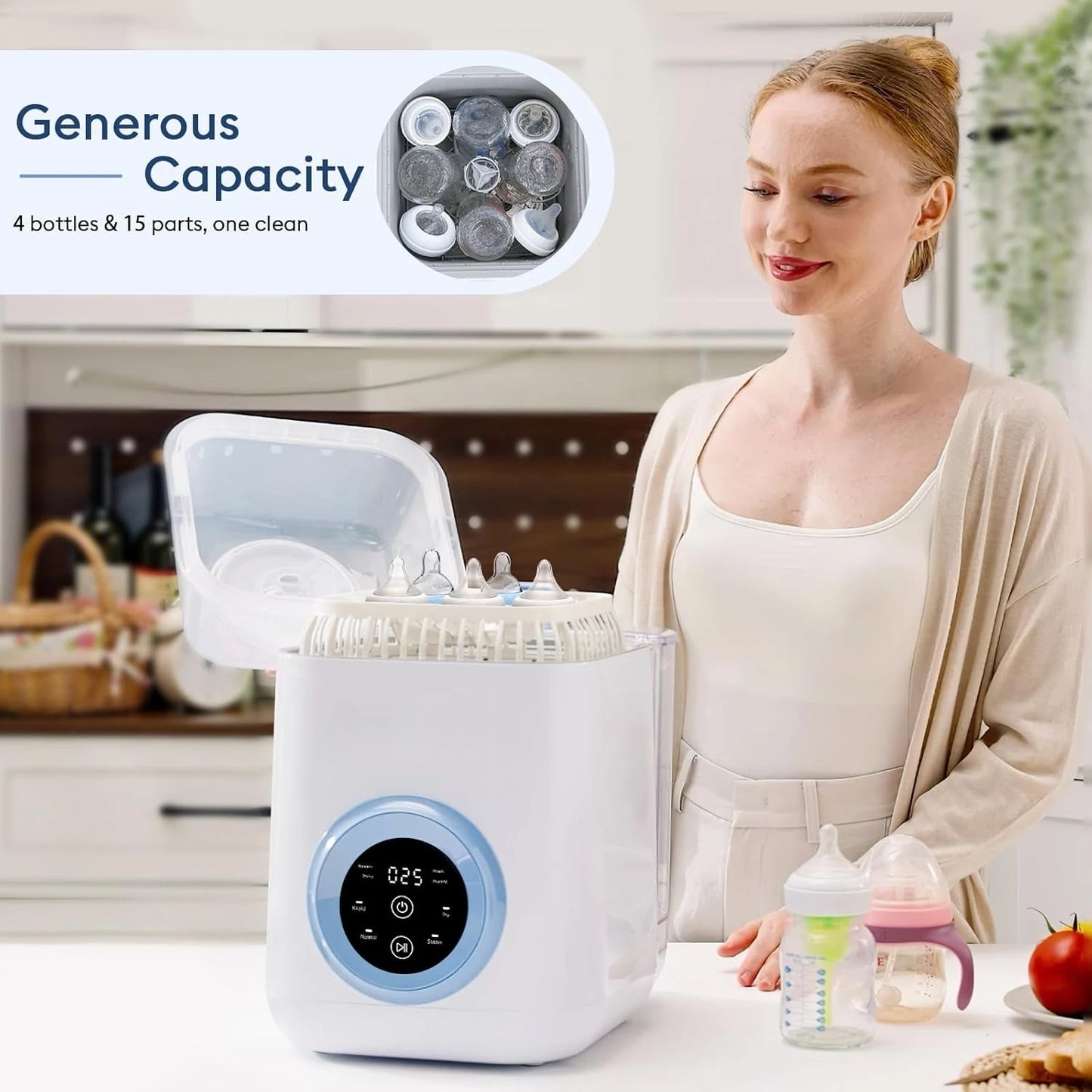 Baby Bottle Washer 4-in-1: Rapid Wash, Sterilizer & Dryer for Bottles & Pump Parts