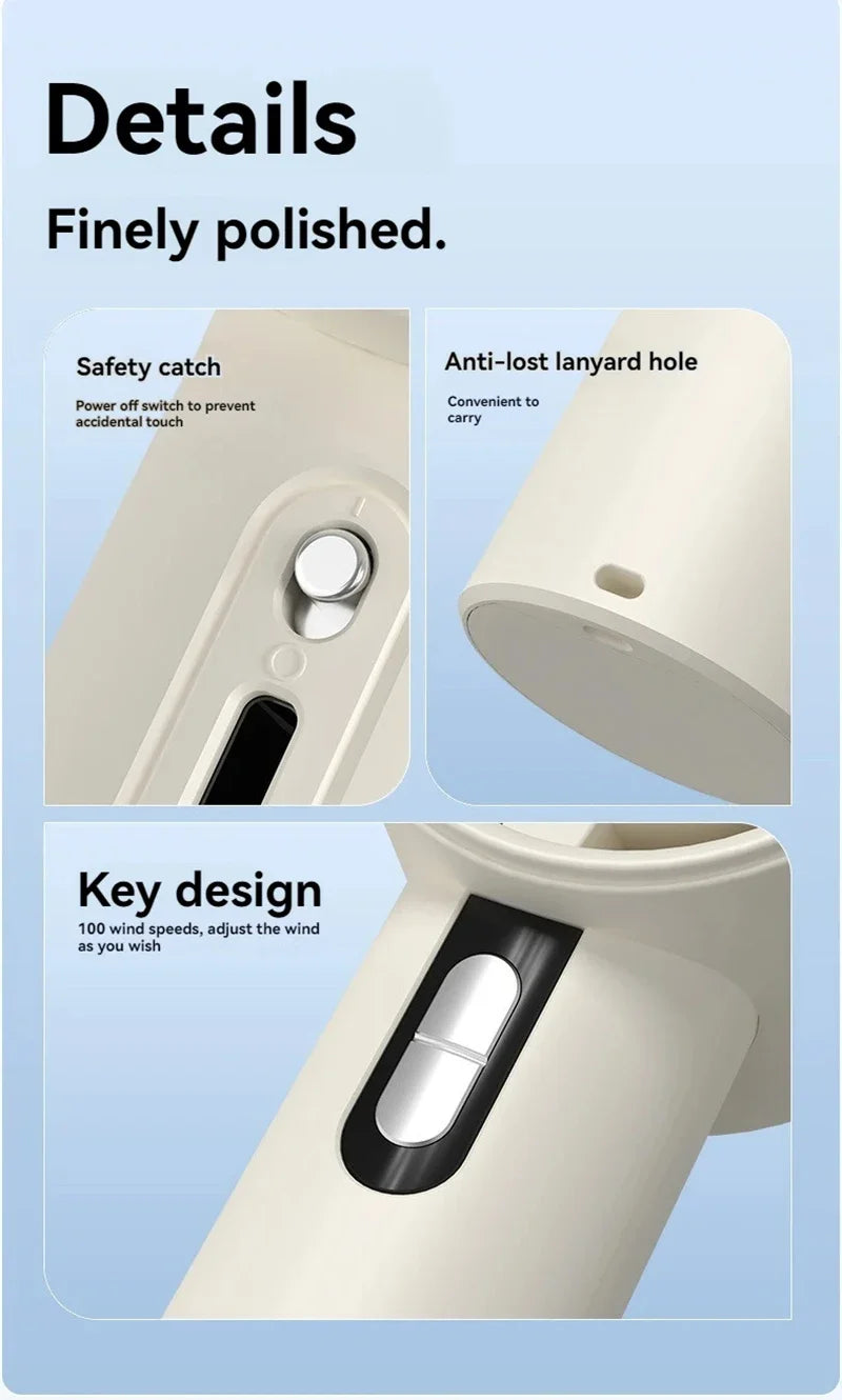 100-Speed Turbo Handheld Fan – Ultra Quiet, USB Rechargeable, Portable Mini Fan with LED Indicator