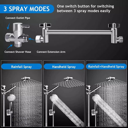 Luxury Stainless Steel Shower Set – 5 Modes, 8/10 Inch Square Overhead with Extended Arm & Handheld
