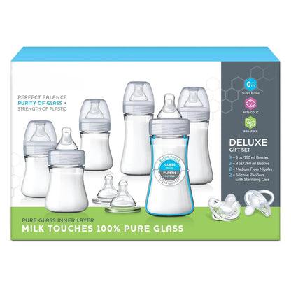 Hybrid Baby Bottle Gift Set with Glass Inside/Plastic Outside - Clear/Grey