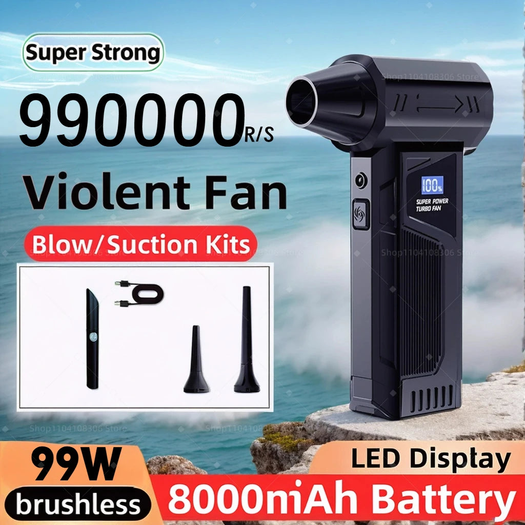 Wireless Jet Fan 990,000RPM Brush-less Motor Turbo Jet Blower Car Vacuum Cleaner Lighting/Digital Display