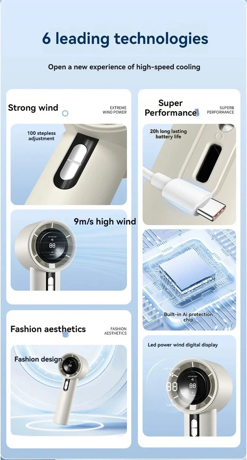 100-Speed Turbo Handheld Fan – Ultra Quiet, USB Rechargeable, Portable Mini Fan with LED Indicator