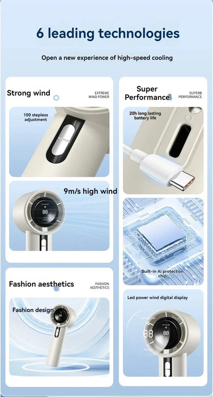 100-Speed Turbo Handheld Fan – Ultra Quiet, USB Rechargeable, Portable Mini Fan with LED Indicator