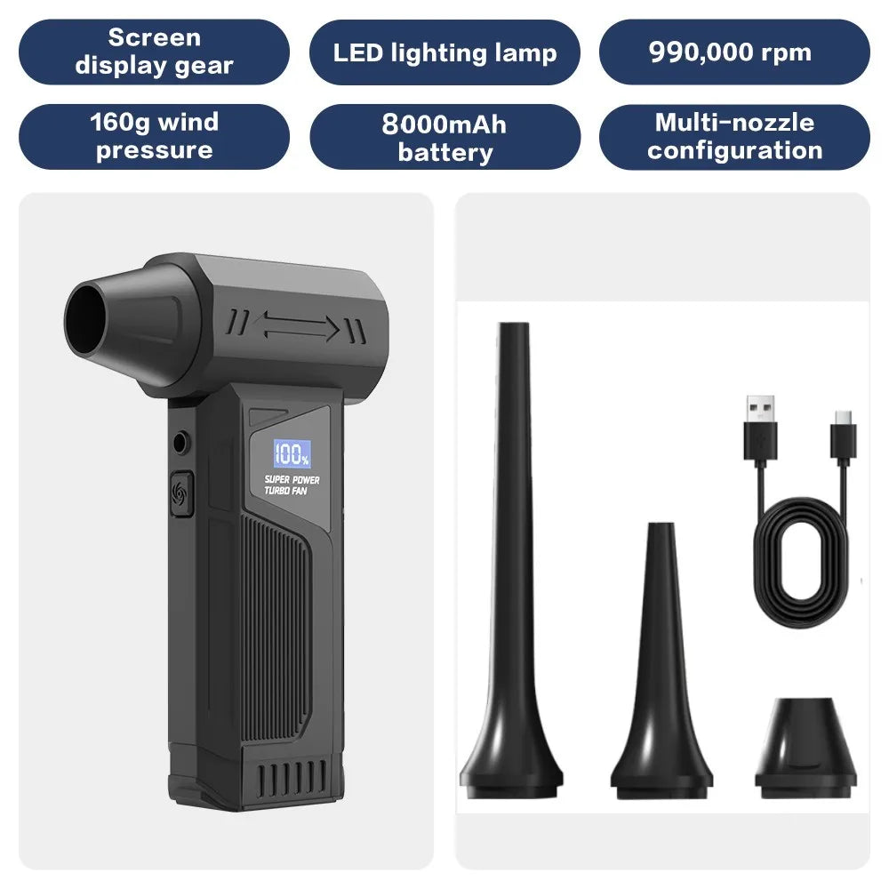 Wireless Jet Fan 990,000RPM Brush-less Motor Turbo Jet Blower Car Vacuum Cleaner Lighting/Digital Display