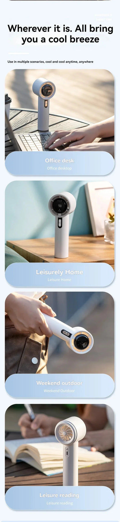 100-Speed Turbo Handheld Fan – Ultra Quiet, USB Rechargeable, Portable Mini Fan with LED Indicator