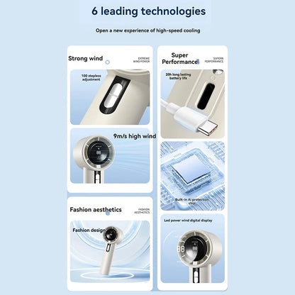 100-Speed Turbo Handheld Fan – Ultra Quiet, USB Rechargeable, Portable Mini Fan with LED Indicator