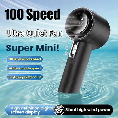 100-Speed Turbo Handheld Fan – Ultra Quiet, USB Rechargeable, Portable Mini Fan with LED Indicator